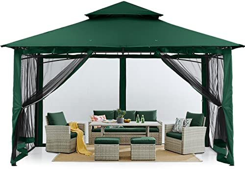 MASTERCANOPY 3 x 3,6 m Doppeldach Gartenpavillon mit 4 Moskitonetz für Garten, Hof, Dunkelgrün