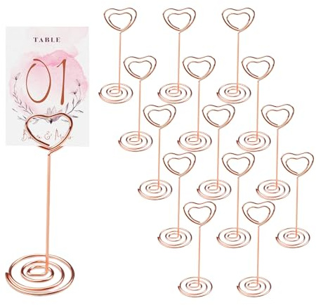 inodiref 12 Pieces Place Card Holders, Heart Shape Table Number Holders, Place Card Holder Stand Clips, Memo Holder Clip, Photo Clip Holder Stand, for Weddings Party Table Decoration (Rose Gold)