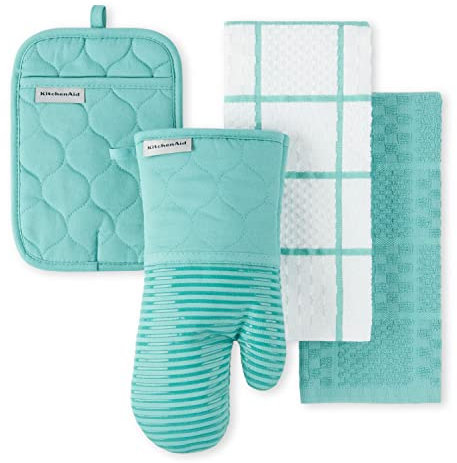 KitchenAid Onion Quilt KT OM PH Kitchen Towel, Oven Mitt & Potholder Set, Aqua Sky
