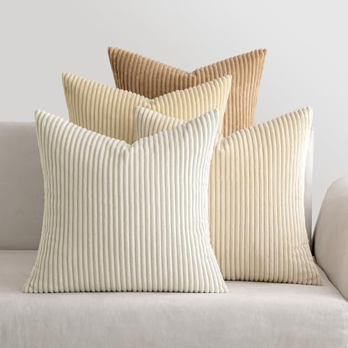 MIULEE Kissenbezug 40x40 4er Set Kordsamt Kissenhülle sofakissen Beige | Weiche Kissenhülle Dekorative Sofakissen Quadratische Dekokissen Zierkissenbezug Gestreifte Kissenbezüge für Wohnzimmer