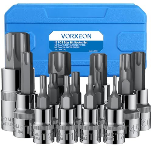 VORXEON Juego de 13 pcs Llaves de Vaso Star T8-T70 1/4 3/8 1/2 Pulgada, Llaves de Vaso Estrella en 50BV30 CR-V y Broca de Acero Aleado S2 con Maletín de Almacenamiento