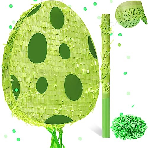 Lenwen Dinosaur Easter Egg Piñata 16 x 12 x 3 in Pull String Easter Eggs Piñata Bundle with Stick Blindfold Confetti for Dinosaur Theme Birthday Party Game Favor(Green)