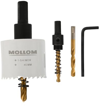 Mollom 45mm (1-3/4) HSS M42 8% Cobalt BI-Metal Hole Saw with Arbor | 2 Pilot Drill Bits, Smooth Cutting PVC, Drywall, Wood, Plastic, Metal, Rubber
