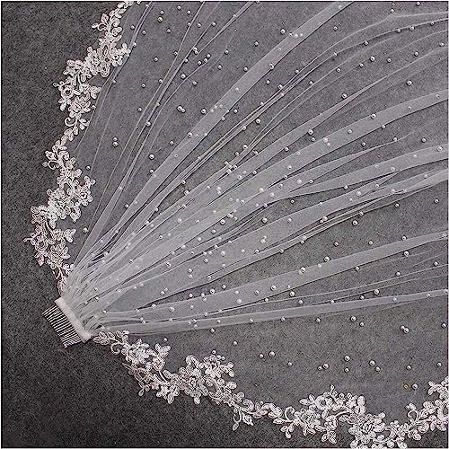 Schleier, Brautkleid, Brautschleier, Brautschleier Perlen-Hochzeitsschleier mit Spitzenapplikationen, 3 Meter langer Brautschleier for Brautband (Farbe: Elfenbein, Größe: 300 cm) ( Color : Ivory , Siz