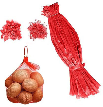 Molyorch 100 Stücke Wiederverwendbare Netzbeutel, Mit Netzschnalle, Obstnetzbeutel, Eiernetzbeutel, für Einkaufen Aufbewahrung Obst Gemüse (Rot, 30cm)