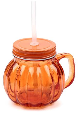 Puckator Bicchiere Barattolo in Vetro con Coperchio in Metallo e Cannuccia 350ml - Zucca - Per Ufficio, Scuola, Auto