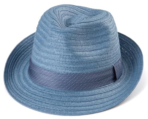 Casual Blue Straw Trilby Hat for Men Summer Sun Fedoras Travel Beach Party Pool