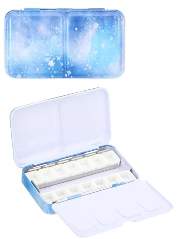 PATIKIL Empty Watercolor Palette, Metal Watercolor Tin with 14pcs Half Pans Paint Case with Lid Paint Box for Travel Gouache Oil Painting Style 2, Navy Blue