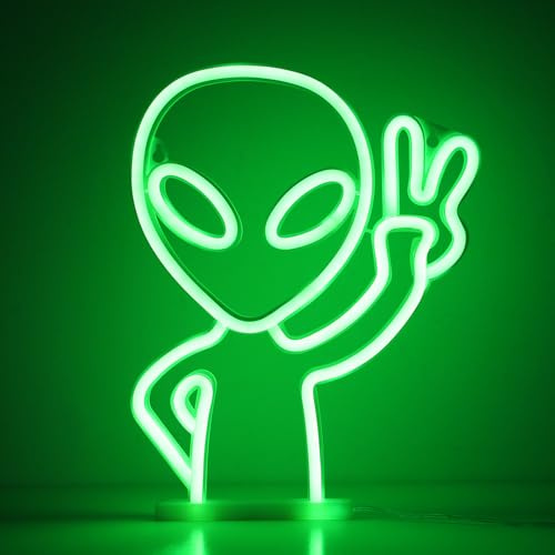 WIOSOUL Green Alien Neon Signs LED Wall Decor for Bedroom | USB/battery-powered green alien neon lights with hooks, LED wall light for bedroom,bar,party,festival,or unique gift for kid