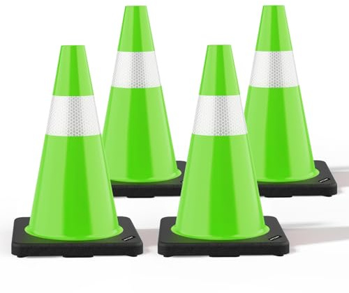 (4 Pack) BATTIFE Traffic Cones 18 Inch with Black Weighted Base, PVC Green Cone for Traffic Control,Construction Events, Driveway Road Parking Lot