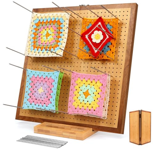 NewEle 15.5 Inch Foldabl Crochet Blocking Board and 35 Steel Pins | Granny Square Blocking Board for Crochet Projects, Bamboo Square Crocheting Accessories Gifts for Croche