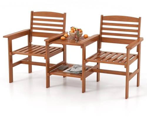 SFAREST Wooden Garden Loveseat, Solid Wood Bench Seat with 2 Tier Coffee Table & Built-in Umbrella Hole, Outdoor Patio Chairs Conversation Furniture Set for Backyard Porch (Natural, 160 x 62 x 88 cm)