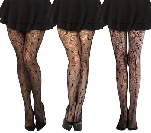KHDULQ Calze a Rete Nere Donna,3 Pezzi Collant Ragnatela Gotici con Teschio Spider Fantasia Elevata Elasticità Adulto Guanti Ragno Nero di Teschi Motivo Collants