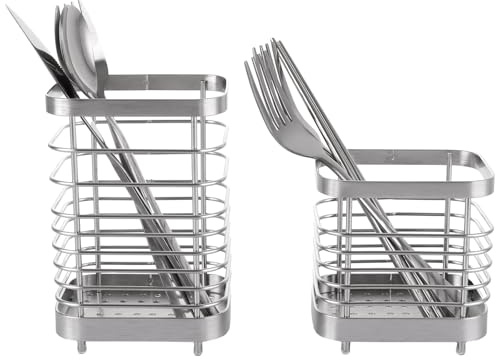 ZOFUN 2 Pcs Cutlery Drainer for Sink, 10 x 7.5 x 10/15 cm Rustproof Cutlery Drainers, Hollow Utensil Drainer with Stickers, Staninless Steel Utensil Drainers for Kitchen Storage