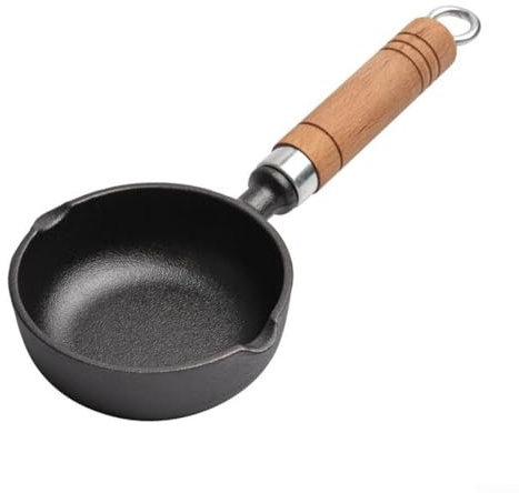 Eawfgtuw 13cm Portable Cast Iron Frying Pan, Uncoated, 1000g Max, Black, No Lid, Includes 1*Oil Pouring Pan