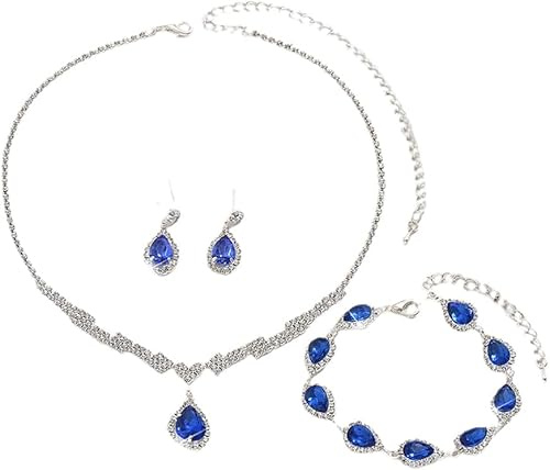 FDEETY Parure Bijoux Goutte Cristal Brillant Collier Boucles Bracelet Argenté Strass Élégant Ensemble Luxueux (Bleu)