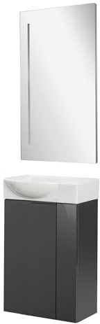 FACKELMANN Luna Gäste-WC Set 3-teilig – Badezimmer-Set mit Waschbeckenunterschrank, Keramik-Waschbecken Hahnloch rechts & LED-Spiegel – Anthrazit Hochglanz, 45 cm, Made in Germany