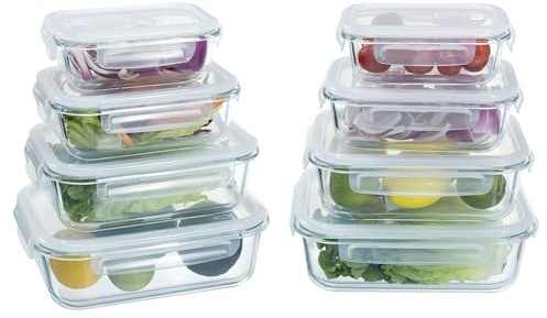 Navaris 8er Set Glasbehälter mit Deckel - 8x Frischhaltedosen aus Glas - Glasdosen Set - 8x Glasschüssel in verschiedenen Größen - Meal Prep Boxen Glass - Glas Aufbewahrung