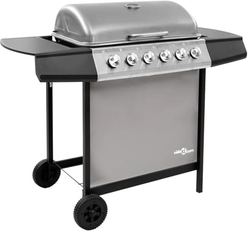 qohoio 48553 Gas BBQ Grill with 6 Burners Black and Silver (FR/BE/IT/UK/NL only) Gas Burner Garden Grill, Steel Warming Rack, Side-Burner, Storage & Built-in Temperature Gauge for Home Garden Party Ou