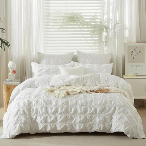 YASMENG Seersucker Housse de Couette 240 x 260 Blanc Grand À Carreaux Été