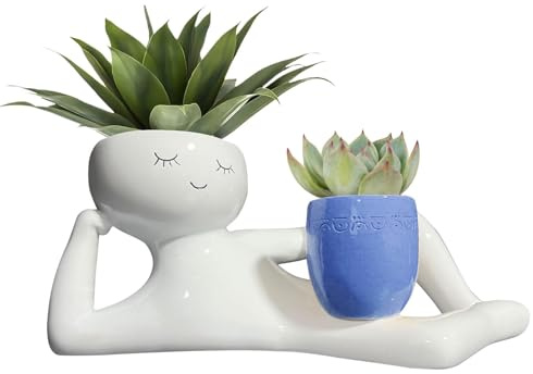 Ranley Pot de fleurs en forme de personne relaxante tenant un pot, figurine allongée, pot de fleurs en forme humaine, pot de fleurs avec trou de drainage pour grasses, cactus