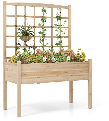 COSTWAY Blomlåda med spaljé, gran, planteringslåda med spaljé och dräneringshål, trädgårdspalier för klätterväxter, upphöjd bädd blomkruka, växtstöd, för trädgård gård balkong, natur, 119 x 60 x 160