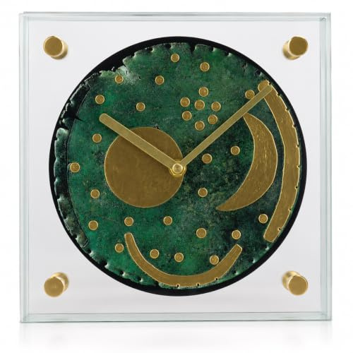 56000-99-Eurotime Quarztischuhr mit schleichender Sekunde, Lizenz Himmelsscheibe von Nebra, Echtglasgehäuse und Echtglasabdeckung, Zifferblatt mit Echtgoldauflage, Zeigersatz Gold