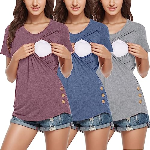 Chanpning Lot de 3 T-Shirts de Maternité à Manches Courtes et Boutons Latéraux et Col Rond, Couleur Unie, Hauts d'allaitement pour Maternité Haut
