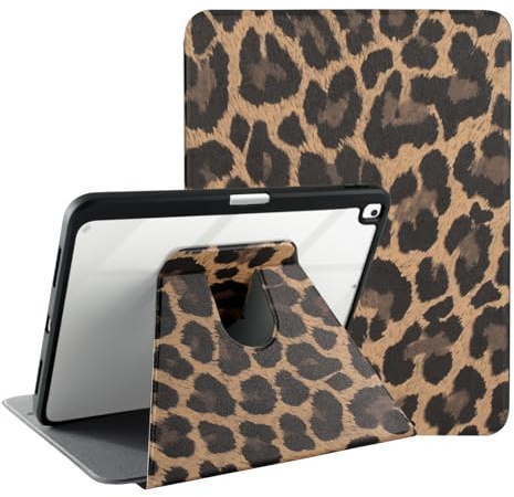 Fycyko Rotierender Hülle für iPad 9./ 8./ 7.Generation 2021/2020 / 2019, iPad 10,2 Zoll Hülle mit 360 Grad Drehständer & Stifthalter, niedliches Leopardenmuster, Braun