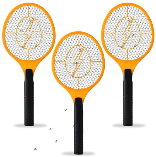 Electric Fly Swatter Handheld Bug Zapper - Indoor Outdoor Zapping Racket for Pest Mosquito & Flies - Battery Powered Safe to Touch with 3-Layer Safety Mesh, Standard Size, Pack of 3