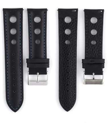 EDVENA 20 Mm Mjuka Svarta Klockband I Äkta Läder Klockarmband I Rostfritt Stål Med Stift Spänne Klocktillbehör(Black-Blue Line)