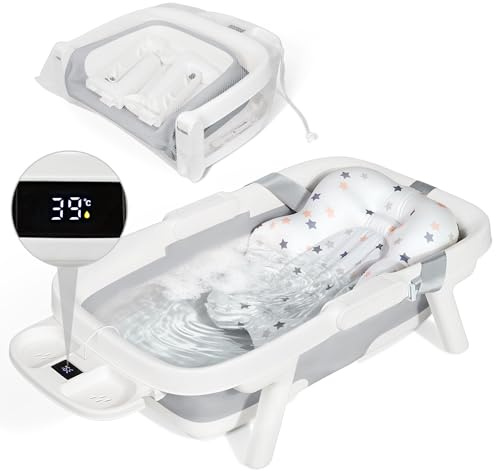 Orzbow Baby Badewanne, Faltbare Babybadewanne mit Thermometer, Große Babywanne für Kinder 0-6 Jahre mit Weicher Polsterung, 3-in-1 Schale, Langlebig, Abflussloch, Ideal für Reisen, Groß XXl, Grau
