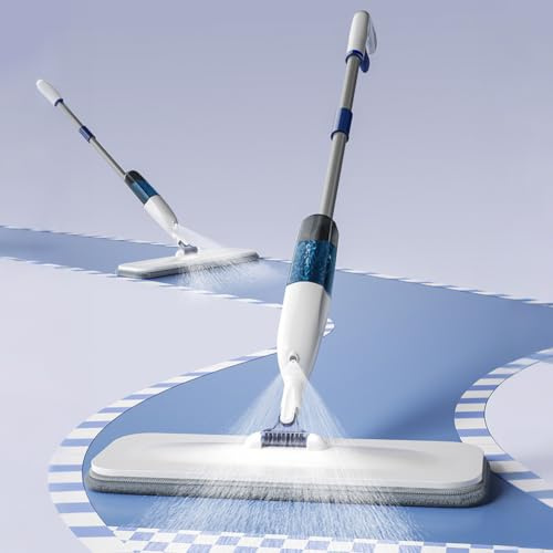 Balai à Franges pulvérisateur, Serpillières Plates pour sols en Bois avec 5 tampons en Microfibre réutilisables et grattoir, Rotation à 360 degrés, Balai à Franges pour carrelages et parquets
