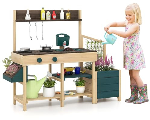 COSTWAY Cuisine Extérieure Enfant avec Jardinière & Treillis, Cuisine Enfant en Bois avec Robinet & Bac à Eau, Évier Amovible, Cuisinières, Étagères, Accessoires pour 3 à 8 Ans (Vert)