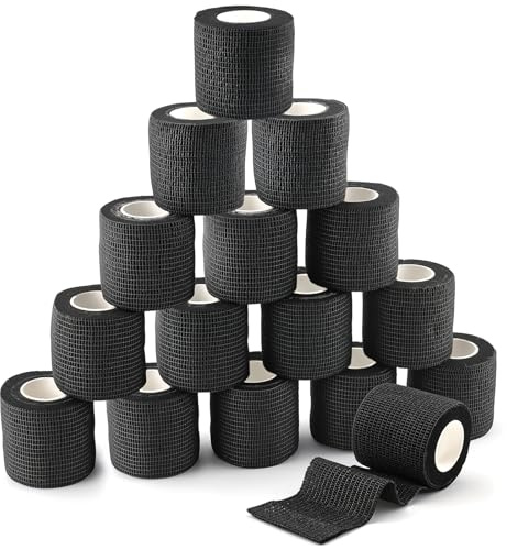 Wozzies 16 Rouleaux Bandage Autoadhésif, Strap Sport 5 cm × 4,5 m, Bande Auto Adhesive, Grip Tattoo pour Sport, Poignet, Premiers Secours, Bandage Vétérinaire pour Chien, Chat, Cheval, Noir