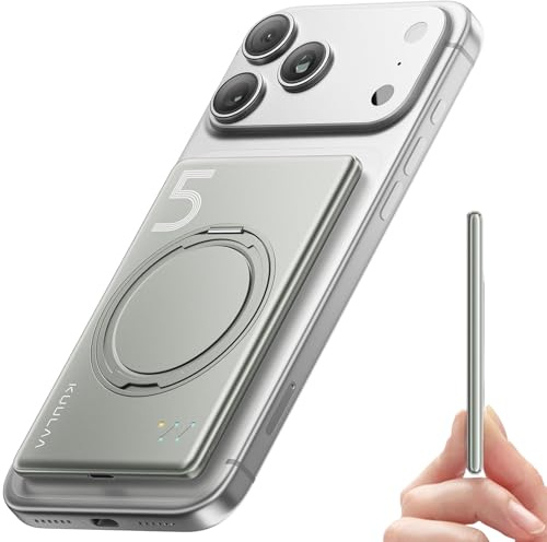 Kuulaa Batterie Externe pour Magsafe 5000mAh, Batterie Externe Induction Magnetique 20W, Power Bank Charge Rapide sans Fil avec Support Pivotant Compatible avec iPhone 17/16/15/14/13/12 - Titane