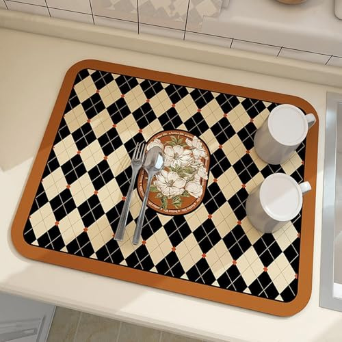 Tappetino scolapiatti da cucina con stampa in stile fantasy, parte superiore in microfibra assorbente, base in gomma antiscivolo, resistente al calore e isolante, per l'uso con piatti e piccoli