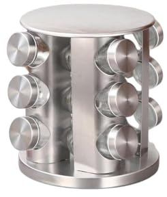 WSSH Carrusel de especias equipado con 12 tarros de especias diseñado en 3 niveles, se puede girar 360 ° con un recipiente para especias de acero inoxidable, color plateado
