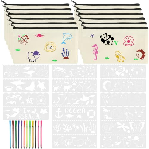 12 Stück Stoffbeutel zum Bemalen, Stofftaschen zum Bemalen mit Reißverschluss, Kosmetiktasche Klein, DIY Blanko Stoffbeutel, Stofftaschen mit Buntstifte und Malschablonen für Kindergeburtstag Basteln