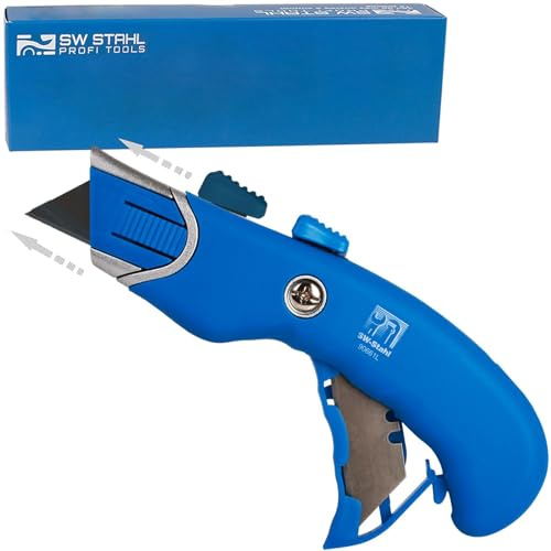 SW-Stahl 90661L Sicherheitsmesser mit Automatischer Klingenrückführung | Profi-Cuttermesser aus Zink-Druckguss für Trapez- und Hakenklingen, ergonomischer Soft-Touch-Griff & Ersatzklingenfach