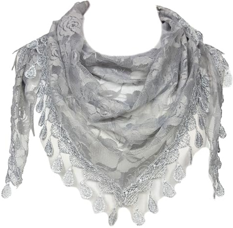 GFM® Dreieckstuch Rosenmuster mit Spitze und Quasten (TRI-500-HLCH-Silber Grau)