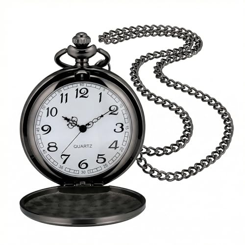 I-MART Pocket Watch with Chain for Men, Smooth Black Quartz Vintage Watch