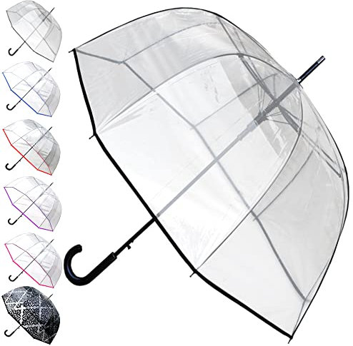 60MPH Rare Automatic Clear Umbrella - Windproof Dome Umbrella Strong - See Through Transparent Clear Plastic Canopy - Best for Visibility - Designer Fiberglass Men Women - Black Trim
