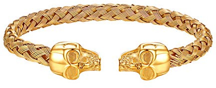 JewelryWe Schmuck Herren Armband, Gegenüber Totenkopf Schädel Draht geflochten Offen Armreif Armspange, Edelstahl, Gold Silber
