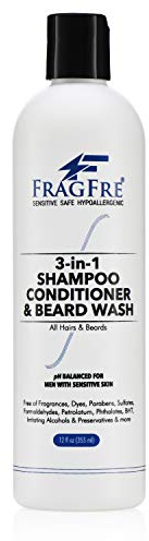 FRAGFRE Shampoo Conditioner and Beard Wash for Men, 12 oz - Unscented, Sensitive Skin, 3 in 1 Hair and Beard Cleansing and Conditioning, Grooming Product