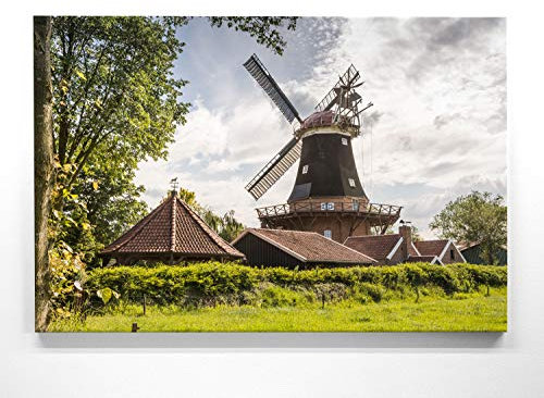 Atemberaubende Nordsee Bilder als XXL Leinwand-Wandbild 160cm x 120cm, Motiv Friesland-Windmühle. EIN Panorama-Bild für Wohnzimmer, Schlafzimmer. Fertig aufgespannt auf 4cm Holz-Keilrahmen