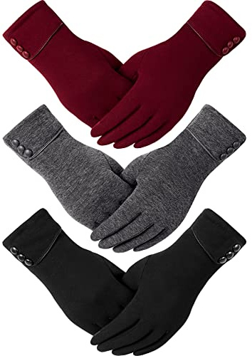 Dimore 3 Pairs Winter Gloves for Women Cold Weather with Touch Screen Fingers Warm Thick Texting (3pair(1black+1dgrey+1wred))