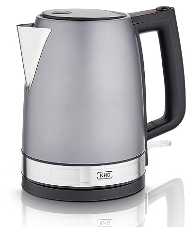 KHG Wasserkocher WK-1701 GE in grau Edelstahl, 1,7 Liter, Kalkfilter, Wasserstandsanzeige, Öffnen per Knopfdruck, Trockengehschutz & Abschaltautomatik, verdecktes Heizelement, BPA-frei, 2200 Watt