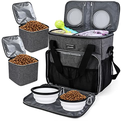 BAGLHER Dog Travel Bag, Pet Travel Bag (ALL Pet Travel Supplies), With 2 Pet Food Containers and 2 Collapsible Silicone Bowls; Essential Kits for Pet Travel Grey