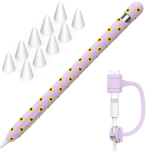 NIUTRENDZ Estuche con Estampado de Girasol para Apple Pencil 1ª Generación Protectores de Silicona con Funda de Puntas de Lápiz de Apple y Correa Adaptadora de Cable (Girasol + Morado)